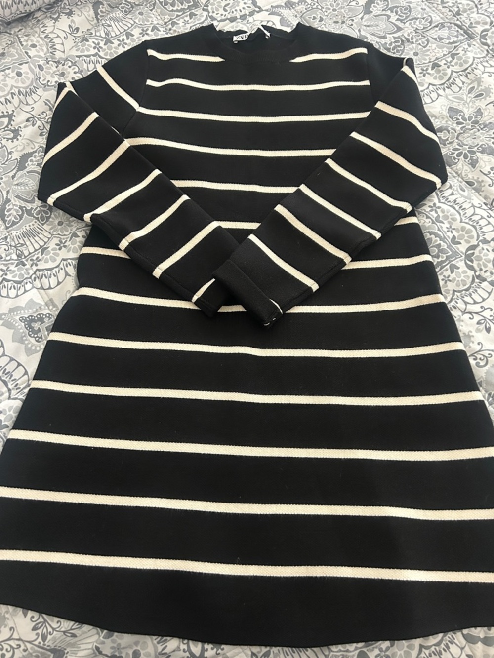 Zara Black and Cream Striped Long Sleeve Dress